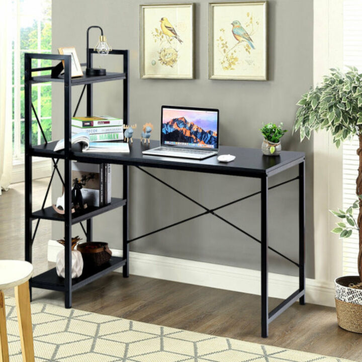 4 Tier Storage Shelves Computer Desk-Black
