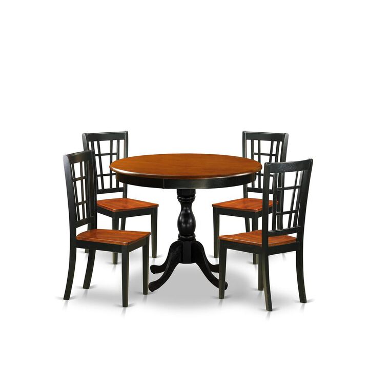 East West Furniture 5-Piece Dining Room Set Include a Wood Table and 4 Dining Chairs with Slatted Back - Black Finish