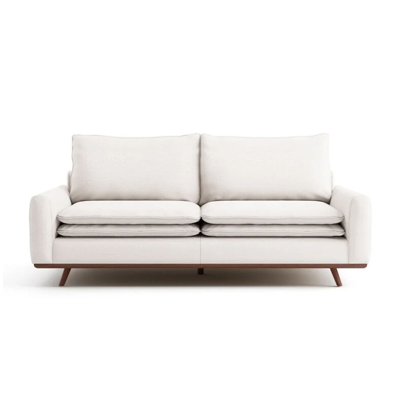 Yaana Sofa with Feather Blend Pillows, Dark Brown Wood, White 83 Inch - Benzara