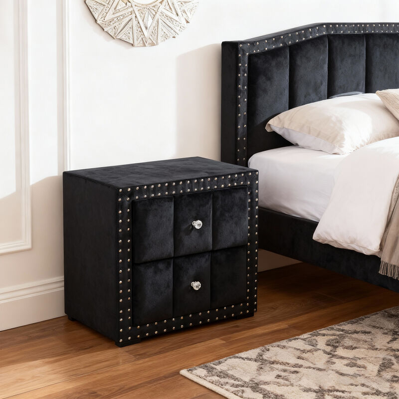 24" Contemporary Black 2-Drawer Nailhead Trim Nightstand End Table