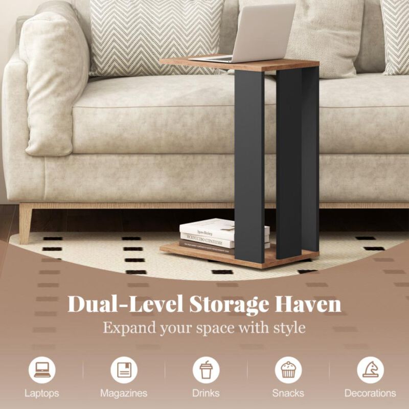 Hivvago 2-Tier C-Shaped Side Table with Universal Wheels and Shelf