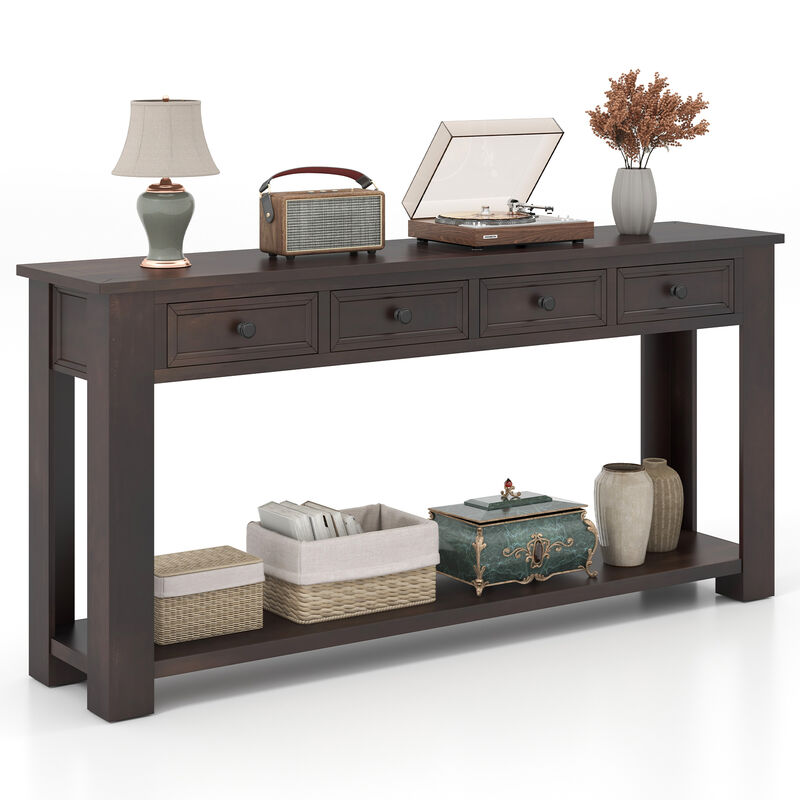 63-Inch Farmhouse Entryway Table with 4 Storage Drawers and Open Shelf for Home Organization