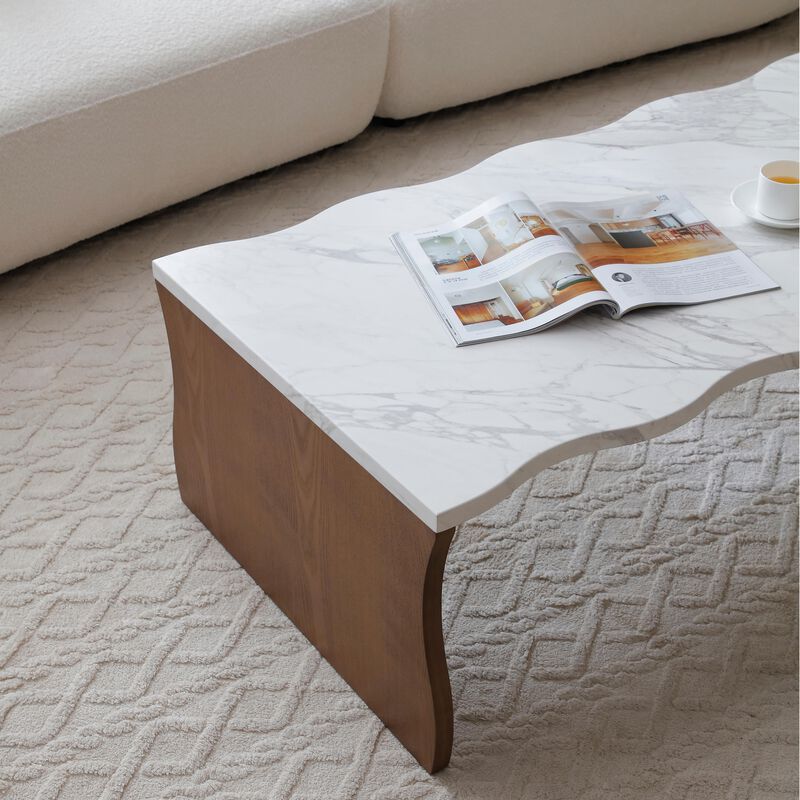 Whisper of Waves Modern Coffee Table with Faux Marble Top & Wood Tone Base image number 8