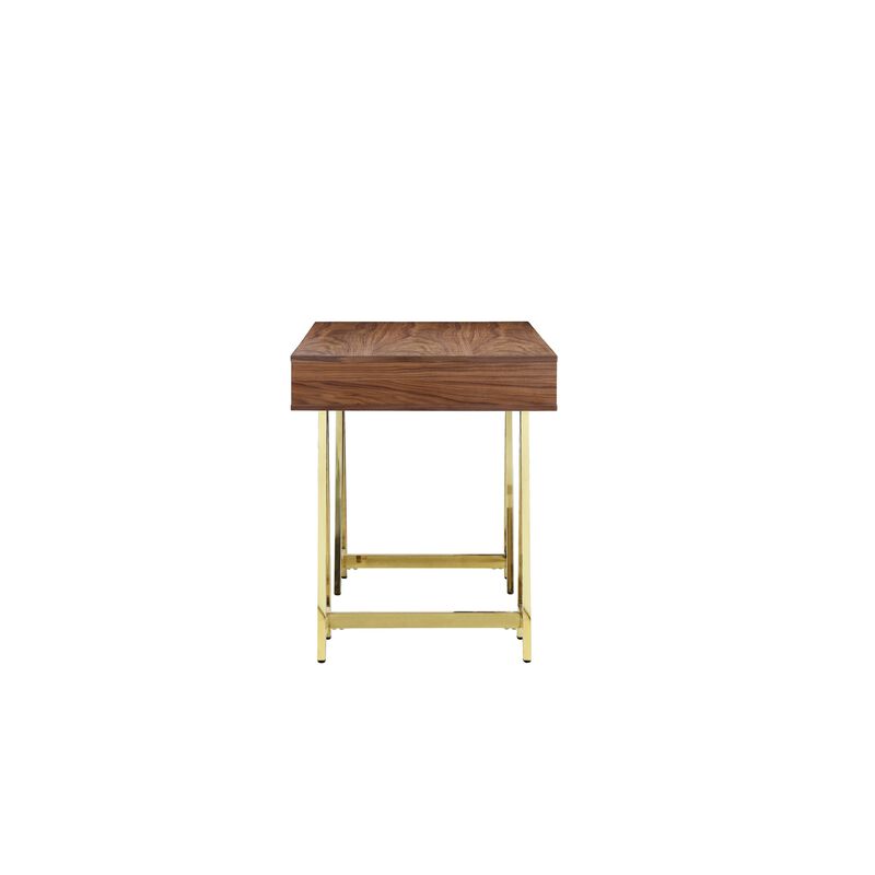 Ile 55 Inch Desk with 3 Storage Drawers, Brown Wood Veneer, Gold Metal - Benzara