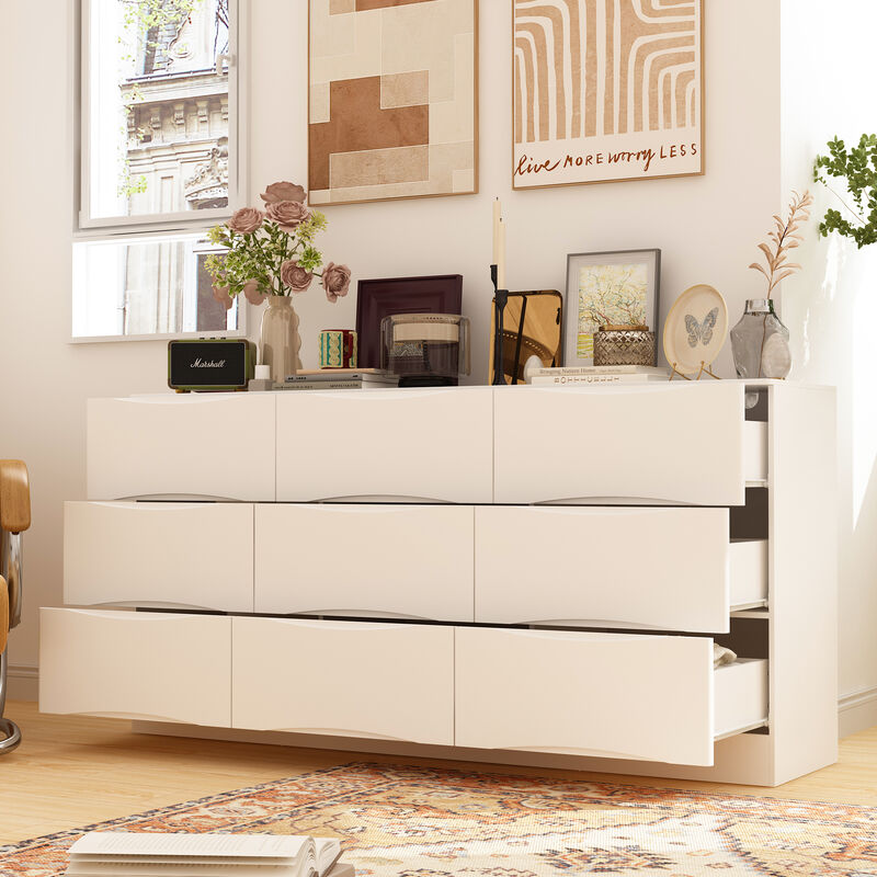 FUFU&GAGA 63" White 9-Drawer Dresser, Modern P2 MDF Construction with Silent Drawer Tracks, Rounded Corners and Anti-Tip Design (63" W x 31.5" H x 15.6" D), Pure White Finish