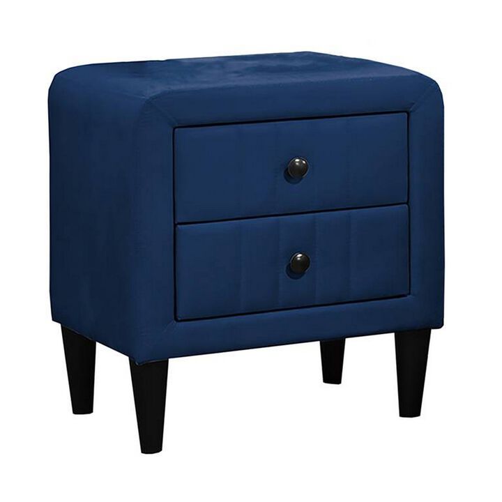 Rheo Nightstand, 2 Drawers, 22 Inch Upholstered in Navy Blue Velvet - Benzara