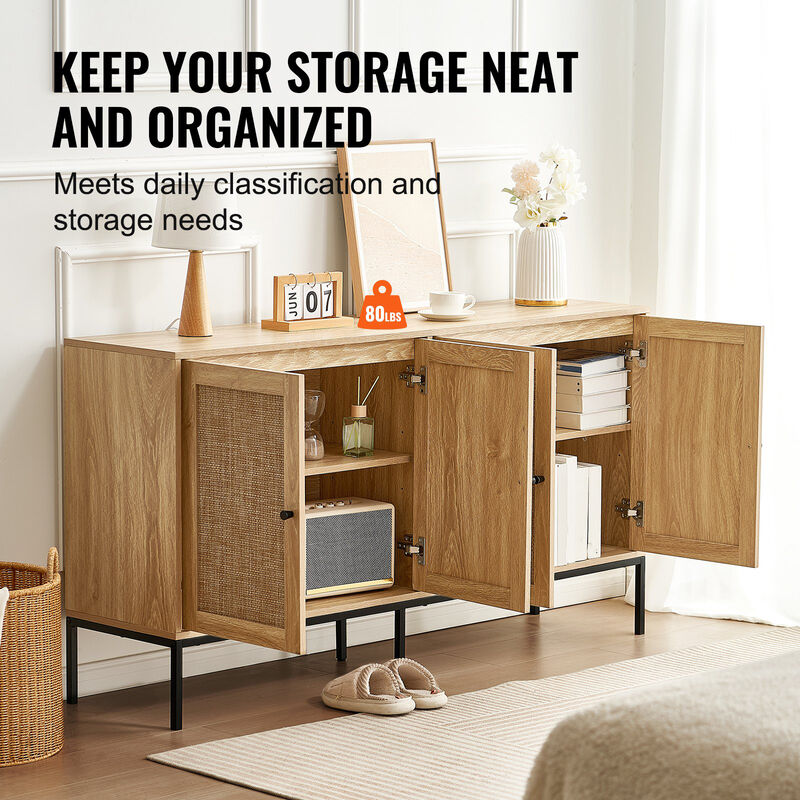 Rattan Storage Cabinet with 4 Magnetic Doors and Adjustable Shelves for Any Room