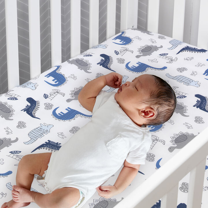 Lambs & Ivy Baby Dino 100% Cotton Blue/White/Gray Dinosaur Fitted Crib Sheet