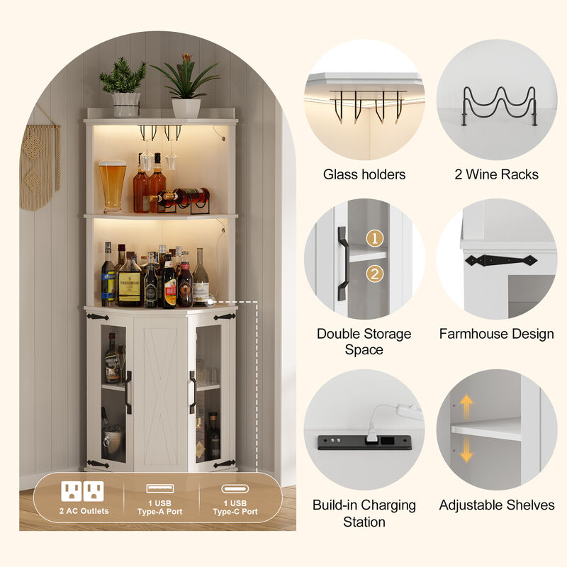 Merax Corner Bar Cabinet with Power Outlet - Farmhouse Style Multifunctional Storage image number 3