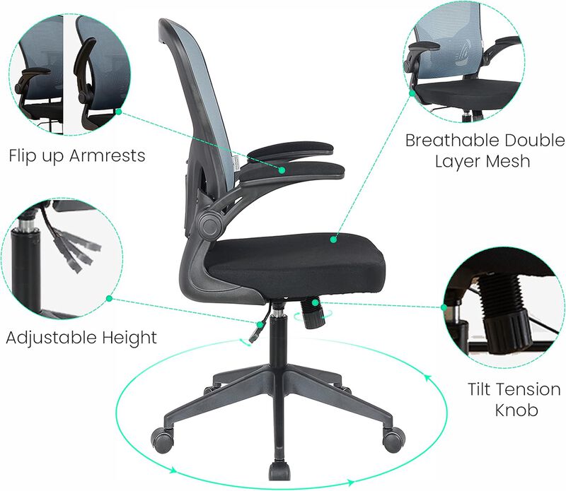 LeisureMod Mesh Office Swivel Desk Chair Modern Ergonomic Adjustable Height with Flip-Up Armrest and Breathable Back Newton Series