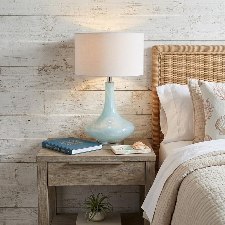 HomeRoots 29" Light Blue And Clear Teardrop Glass Table Lamp With Drum Shade
