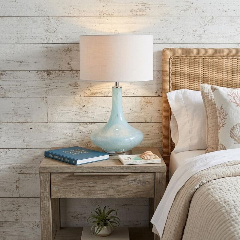 HomeRoots 29" Light Blue And Clear Teardrop Glass Table Lamp With Drum Shade image number 1