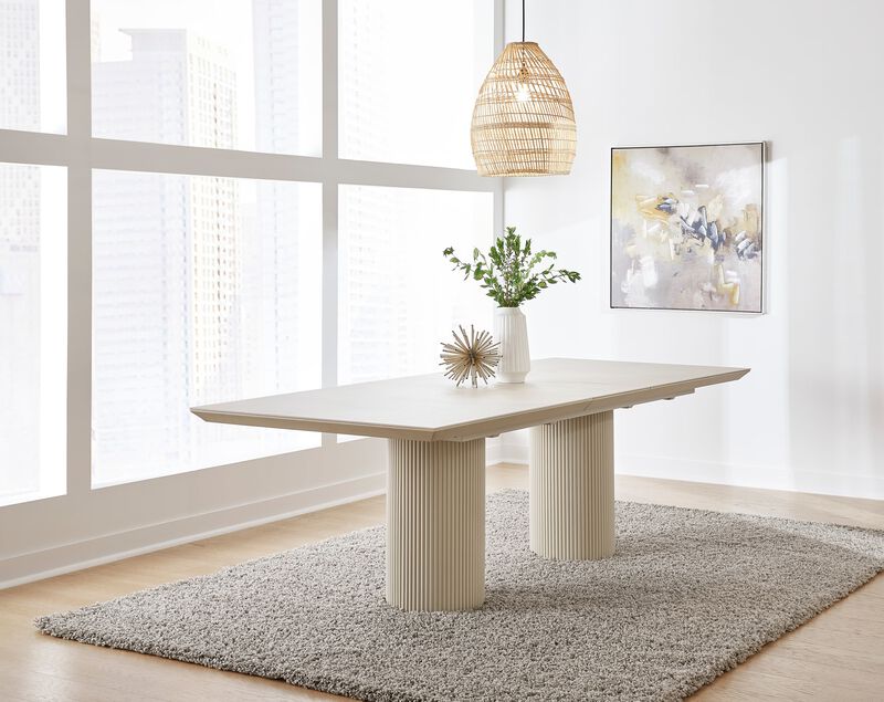 Cannon Stone Top Double Pedestal Extension Dining Table with Ivory Wood Base image number 1