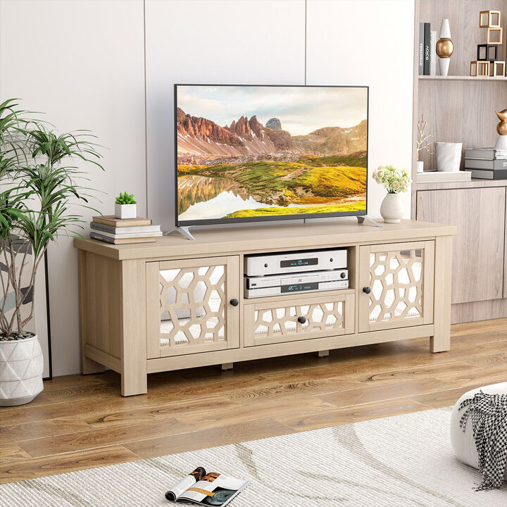 55 Inch Retro TV Stand Media Entertainment Center with Mirror Doors and Drawer-Natural