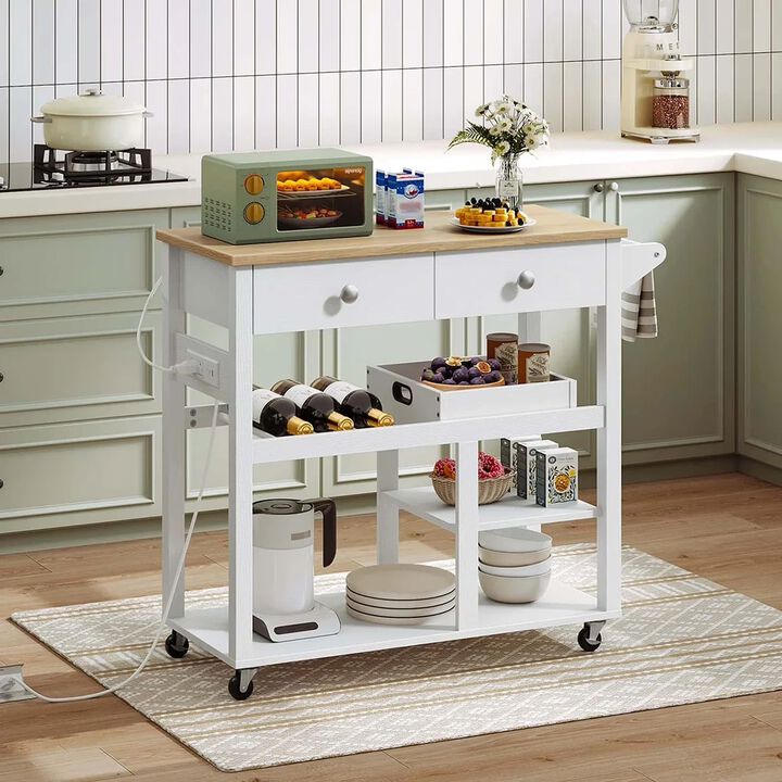 Rolling Kitchen Island with Storage Drawers and Built-In Charging Station- White