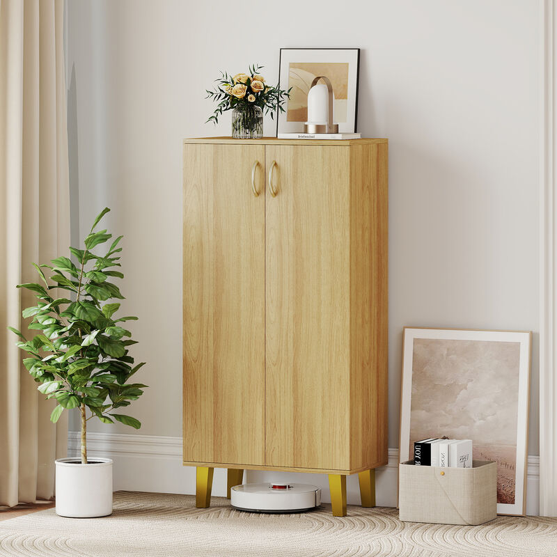 Modern 6-Tier Wooden Shoe Cabinet, Freestanding with Doors and Removable Shelves-Natural image number 1