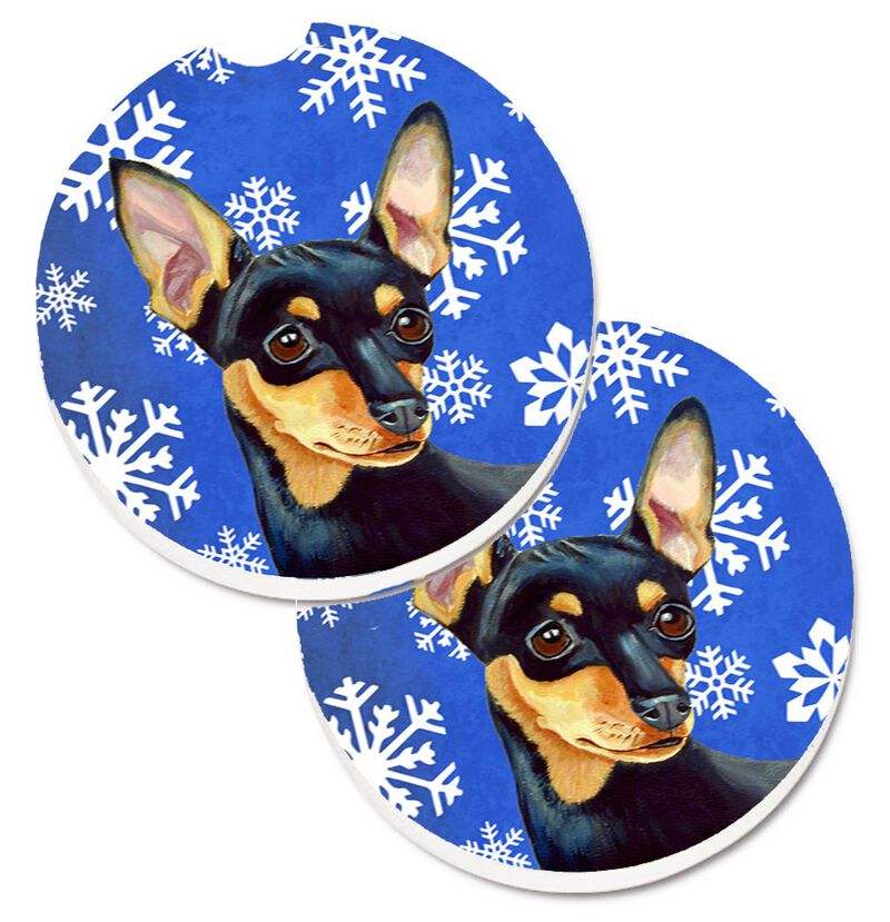 Caroline's Treasures Min Pin Winter Snowflakes Holiday Set of 2 Cup Holder Car Coasters LH9290CARC, 2.56, Multicolor image number 0