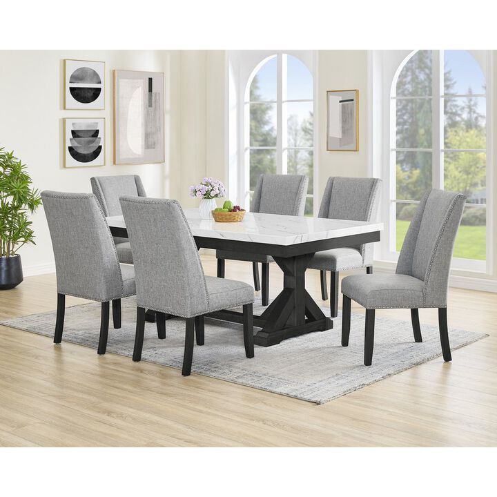 Best Quality Furniture 7Pc Fuax Marble Top Dining Set With 6 Gray Side Chairs