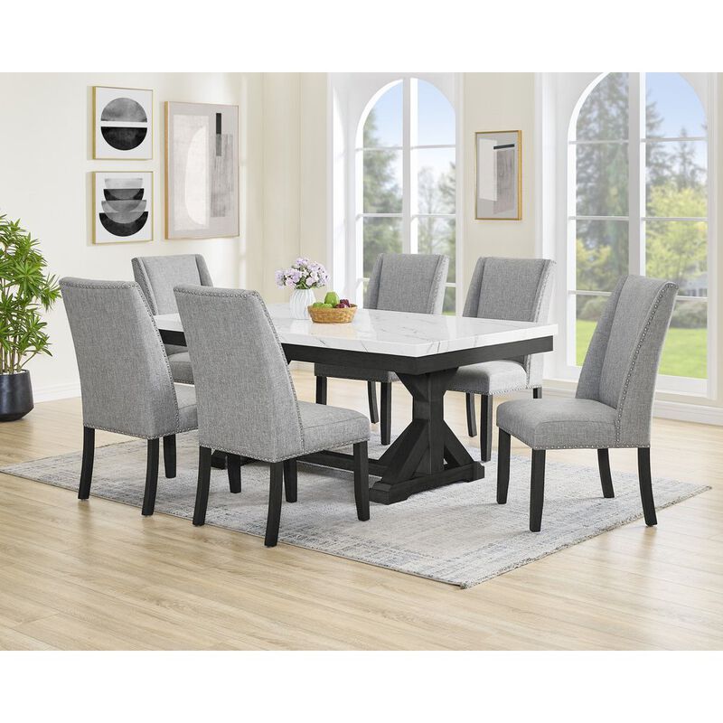 Best Quality Furniture 7Pc Fuax Marble Top Dining Set With 6 Gray Side Chairs