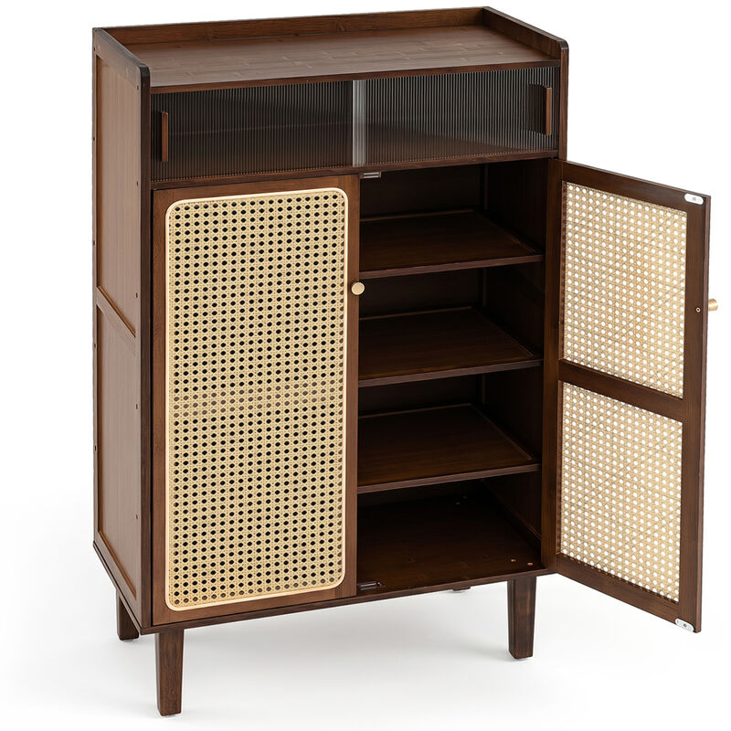 5-Tier Bamboo Shoe Cabinet with Woven Rattan Doors and Sliding Doors for Entryway image number 0