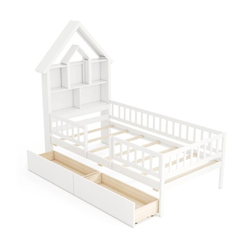 Hivvago Twin Size House Bed Kids Montessori Bed with House-Shaped Storage Headboard