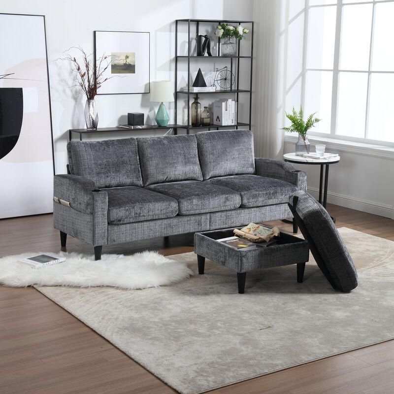 Sofa for three, solid wood frame, Chenille fabric, side pocket, with two cup holders, footstool with storage sofa