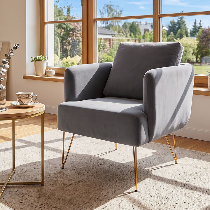 Accent Chair with Cushioned Backrest and Gold Metal Legs for Bedroom