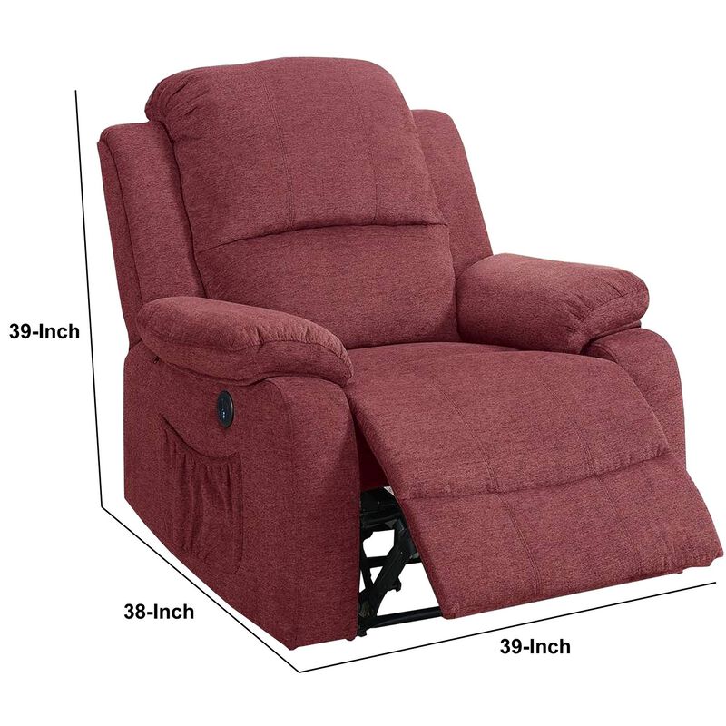 39 Inch Fabric Power Recliner with USB Port, Red-Benzara