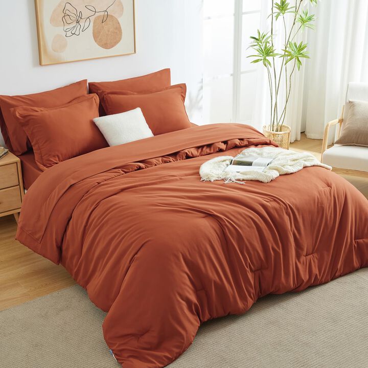 CozyLux Queen Comforter Set Burnt Orange, 7 Pieces Bed in a Bag Terracotta Comforter Set with Sheets, All Season Boho 7PC Bed Se