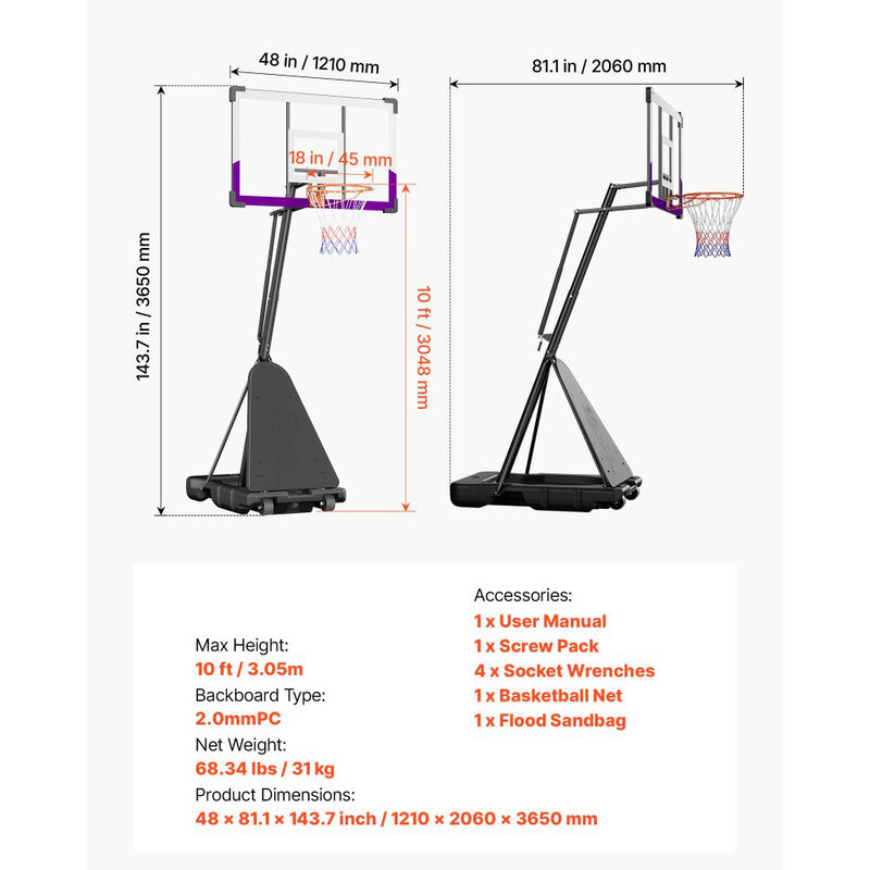 Portable Basketball Goal Stand with Height Adjustment and PC Backboard for Driveway & Backyard-Black image number 2