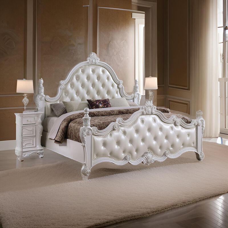 Moni Queen Bed, White Button Tufted Traditional Upholstery, Solid Wood