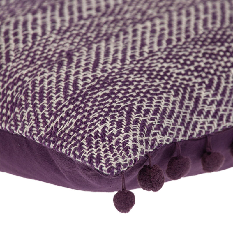 HomeRoots 18" Purple and White Weave Cotton Throw Pillow With Pom Poms image number 3