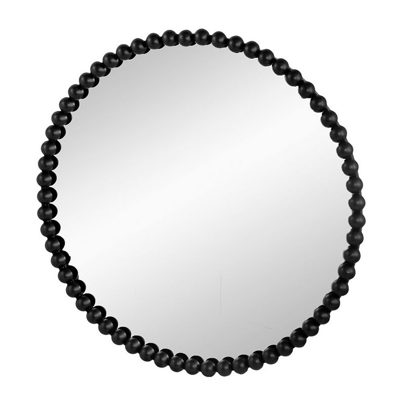 Emu 32 Inch Modern Round Wall Mirror, Beaded Black Metal Accent Frame - Benzara