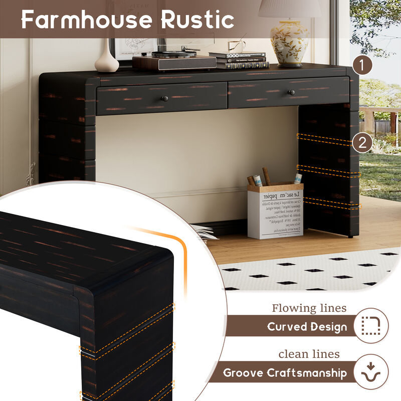 Curved Console Table with Storage, Wooden Entryway Table with 2 Drawers