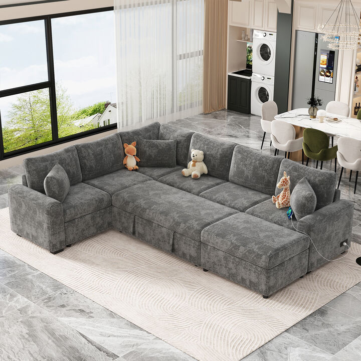 Merax Chenille Sectional Sofa Sleeper with Ottoman