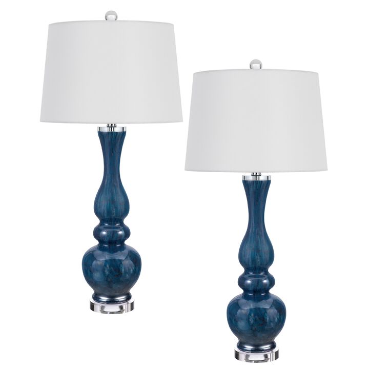 Table Lamp Set of 2, Off-White Shade, Blue Candlestick Glass Body 32 Inch