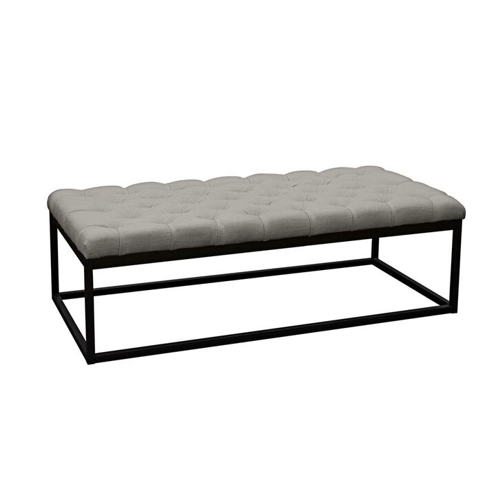 Linen Upholstered Button Tufted Bench with Open Metal Base, Large, Gray and Black - Benzara