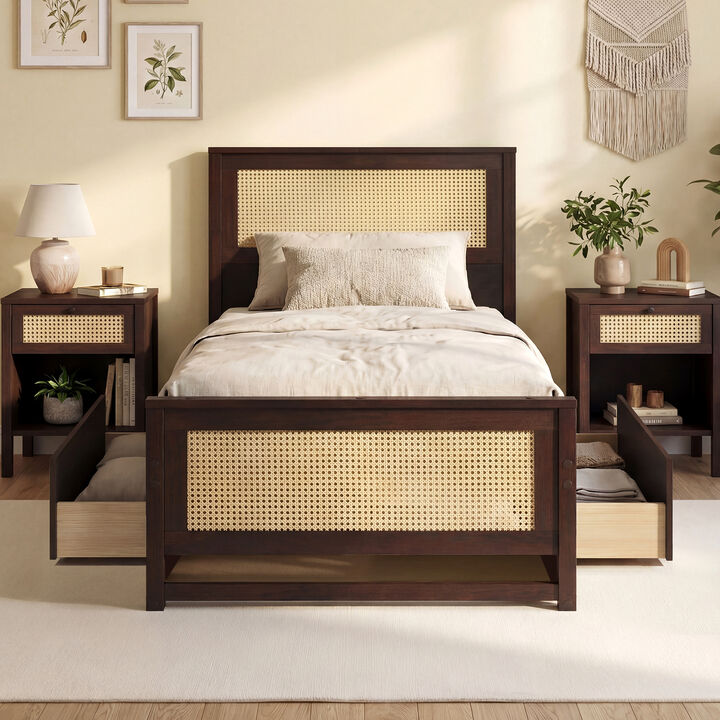 Twin Size Bed Frame with Rattan Headboard and Storage Drawers