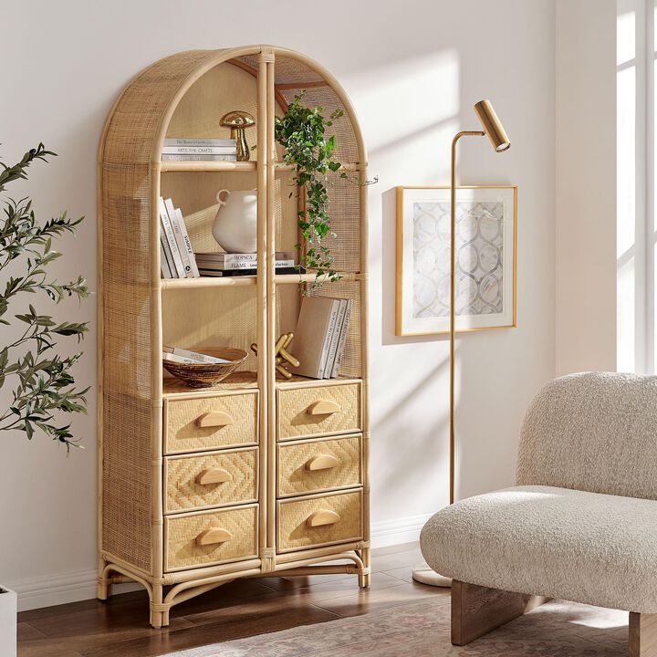 Modway Tall Arched 71 Inch Wood and Natural Rattan Bookcase with Storage in Natural Black &ndash; Tall Bookshelf Cabinet with 6 Drawers and 3 Open Shelves, for Living Room or Bathroom