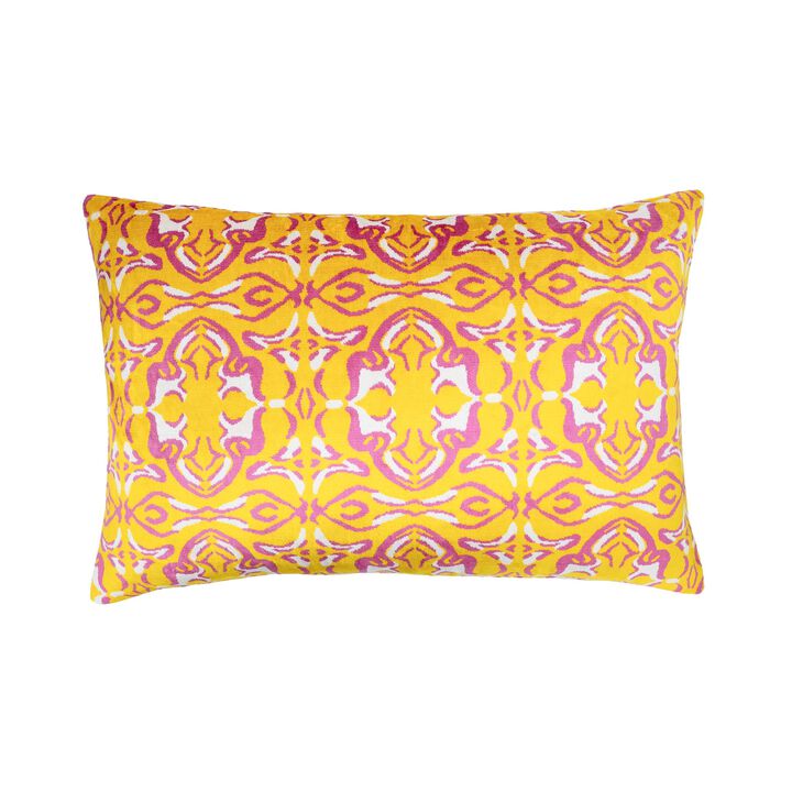 Kaleidoscope Jaune Silk Velvet Ikat Pillow, 16" X 24"