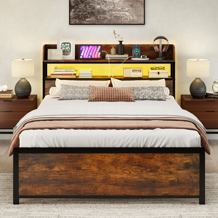 Full Size Bed Frame with LED Lights, Storage Headboard, and Power Outlets