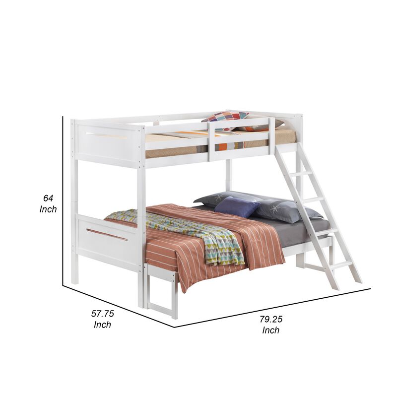 Amey Twin over Full Bunk Bed, Guard Rails, Attached Ladder, White Wood - Benzara