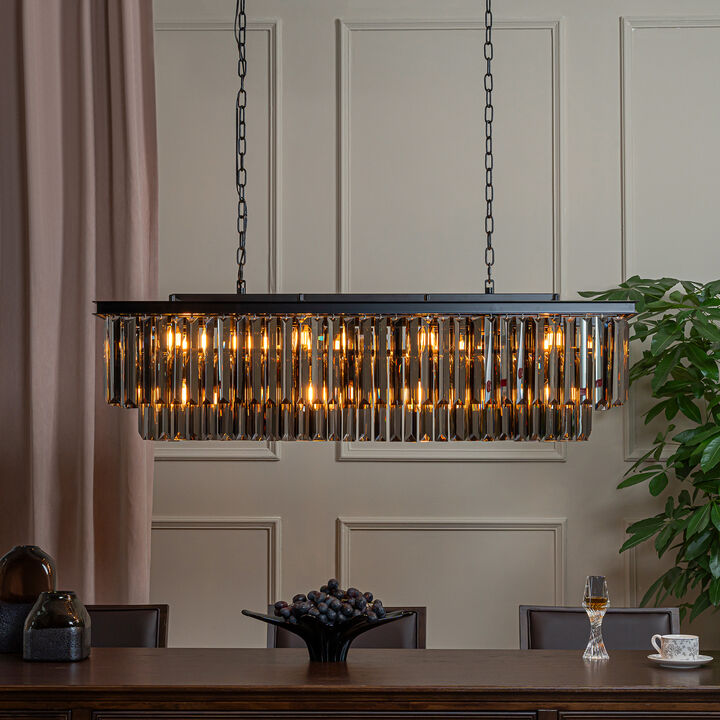 12-Light Modern Luxury Rectangular Fring Crystal Chandelier 49&rdquo; Black Linear Pendant Light with Smoked Crystals for Kitchen Island, Dining Room