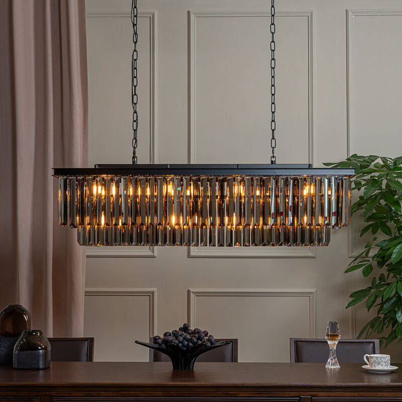 12-Light Modern Luxury Rectangular Fring Crystal Chandelier 49&rdquo; Black Linear Pendant Light with Smoked Crystals for Kitchen Island, Dining Room image number 1