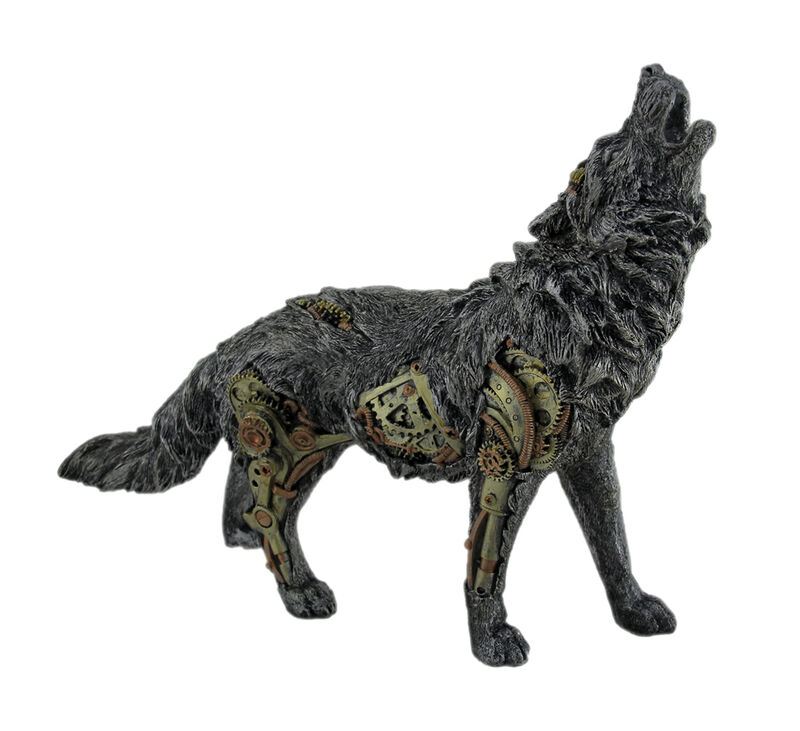 Cool Steampunk Style Howling Gray Wolf Statue image number 0