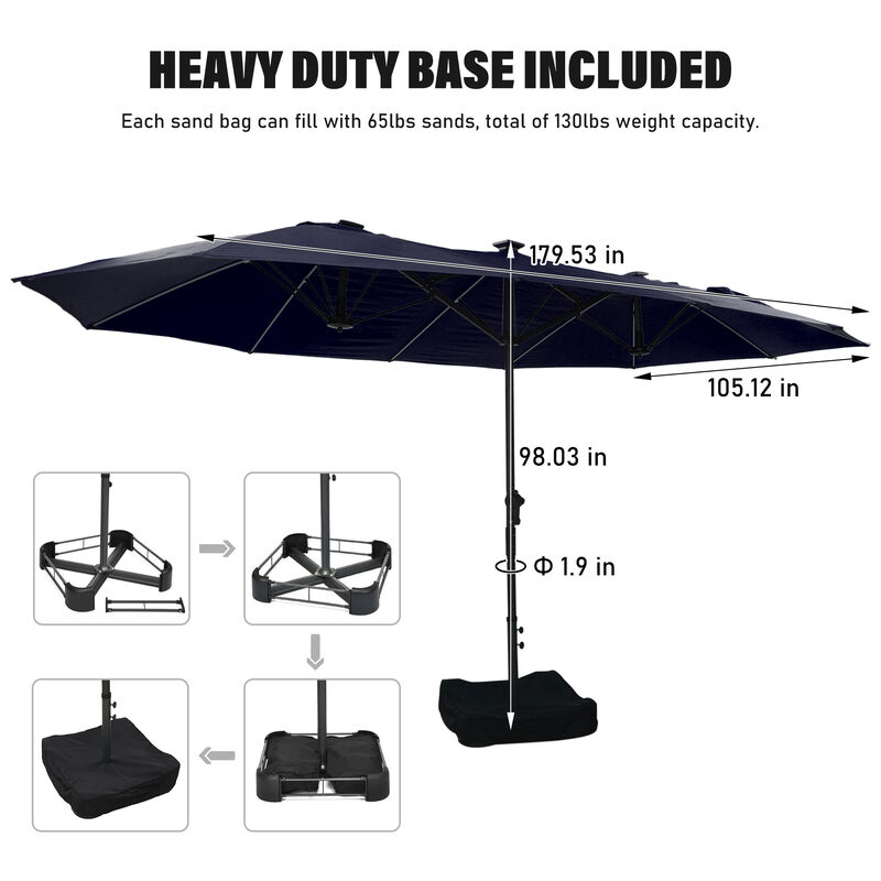 MONDAWE 15ft Twin Double-Sided Solar LED Patio Market Umbrella with Included Base Stand