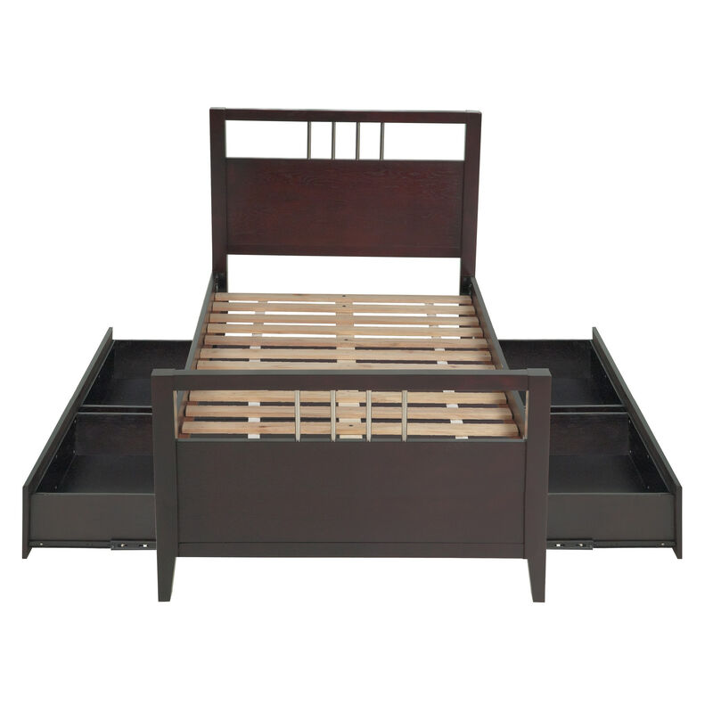 Fang Queen Size Storage Bed, Sleigh Headboard, 4 Drawers, Espresso Brown  - Benzara