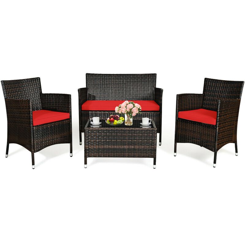 4 Pieces Comfortable Outdoor Rattan Sofa Set with Glass Coffee Table image number 0