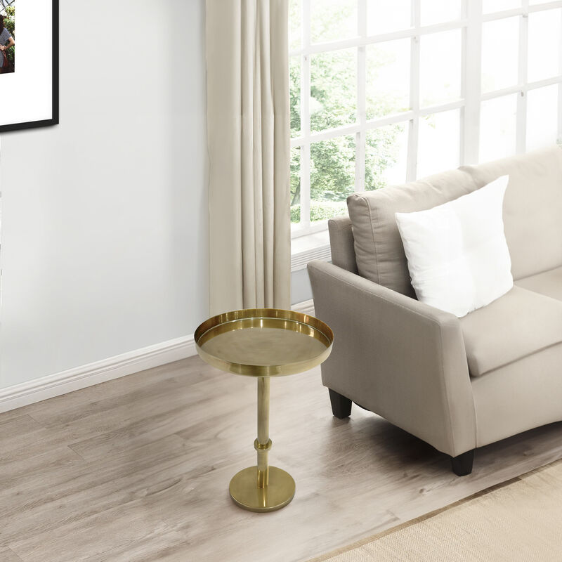 Ara 22 Inch Side End Table, Vintage Sleek Pillar Base, Round Tray Top, Oxidized Antique Brass