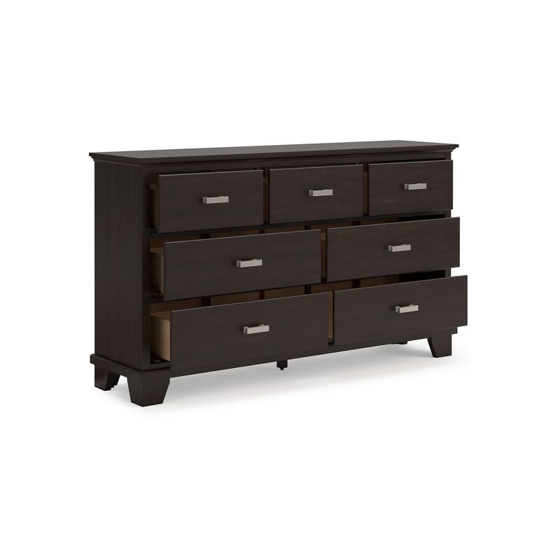 Teno Wide Dresser, 7 Drawers Nickel Handles, Dark Brown Solid Hardwood - Benzara